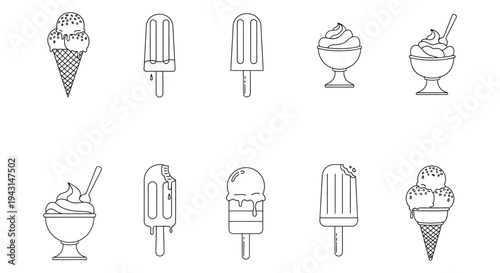 Collection of delicious frozen dessert icons featuring ice cream cones, popsicles, and sundaes