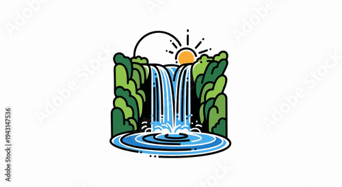 A vibrant cartoon waterfall cascades into a circular pool under a bright sun