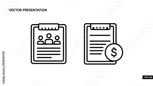 Team profile icon and dollar sign on document icon for business and finance presentations