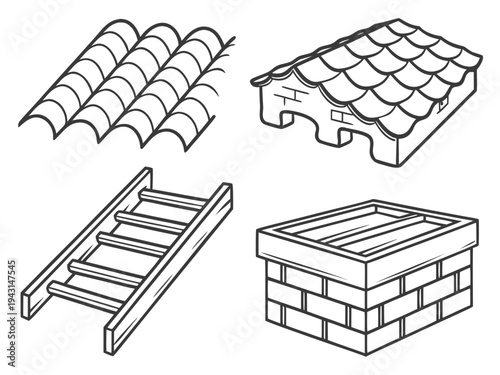 Roof tiles, ladder, and chimney set, house construction and maintenance line art icons