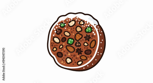 Round fruitcake with icing, nuts, and candied fruit topping