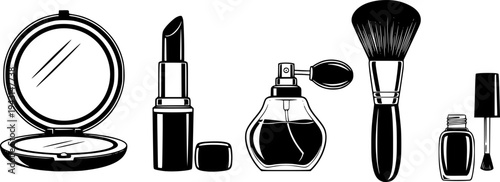 Set of cosmetic icons mirror, lipstick, brush, perfume, nail polish
