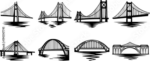 Collection of stylized line art bridge illustrations over water
