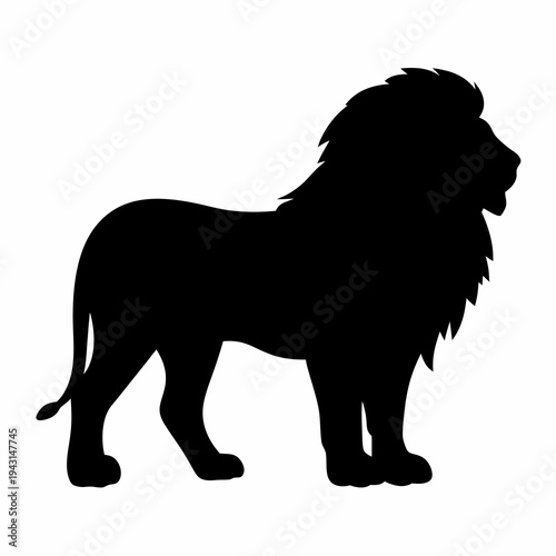 Majestic Lion Silhouette with Full Mane Standing Proudly on a White Background