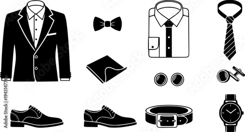 Collection of Black Icons Representing Formal Menswear and Accessories

