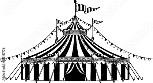 Black and White Illustration of a Classic Circus Tent with Flag and Bunting
