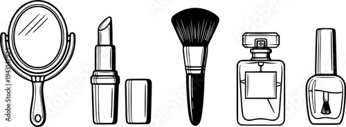 Set of cosmetic icons mirror, lipstick, brush, perfume, nail polish
