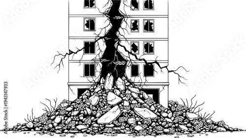 Damaged Building with Large Crack and Debris Pile
