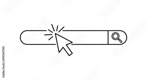 Minimalist black and white vector graphic illustrating a mouse cursor clicking an active search bar element