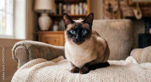 Siamese Cat in Cozy Home: A captivating Siamese cat, with striking blue eyes, sits regally on a comfortable armchair, basking in the warm atmosphere of a relaxed home environment.