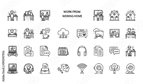 Home Office Remote Work Line Icons Set Freelancer Laptop Workspace Video Conference Editable Outline Vector
