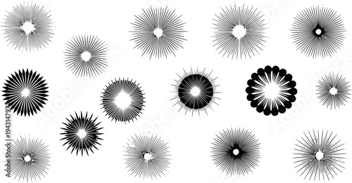 Collection of black abstract circular burst and starburst white background circle
