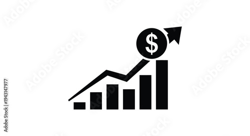 Black vector illustration graphic depicting a rising bar chart symbolizing continuous financial growth and monetary success