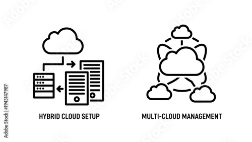 Hybrid cloud setup and multi-cloud management outline icons for it infrastructure and data technology concepts
