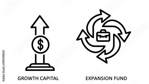 Growth capitai and expansion fund line icons, representing financiai investment and business development