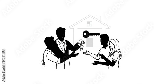 A person in a suit hands house keys to a couple in front of a house outline