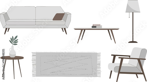 Minimalist living room arrangement with sofa, armchair, coffee and side tables