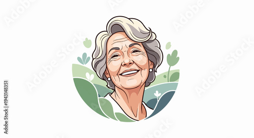 Joyful elderly woman with white hair, smiling amidst abstract green foliage