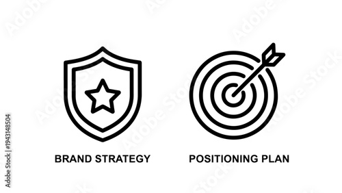 Brand strategy and positioning plan icons, marketing and business goais