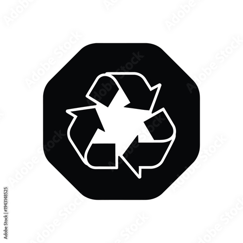 Recycling symbol icon on dark octagon background representing environmental conservation and sustainable practice.