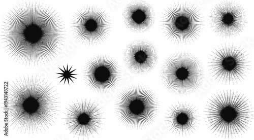 Collection of black abstract circular burst and starburst white background circle
