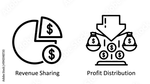 Revenue sharing and profit distribution icons, financiai pie chart and money bags symbols