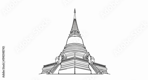 Ornate Buddhist stupa, intricate detail, conical spire, tiered structure, grand entrance