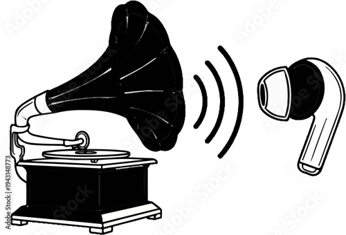 Old gramophone playing music for a modern earbud, sound waves