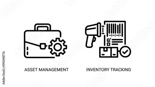 Asset management and inventory tracking icons, briefcase and scanner symbols for logistics