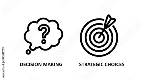 Decision making and strategic choices icons, thought bubble and target symbols for business