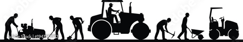Black silhouette vector graphic of industrial road construction workers using heavy machinery, tools, and rollers on a flat white background