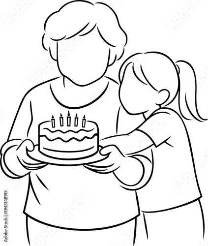 Grandmother and granddaughter holding birthday cake with candles – family celebration line art illustration