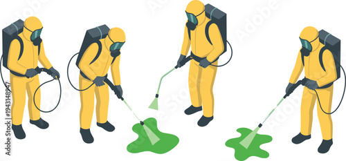 Hazmat worker spraying disinfectant, biohazard cleanup technician, chemical protection suit worker, hazardous material sanitation illustration
