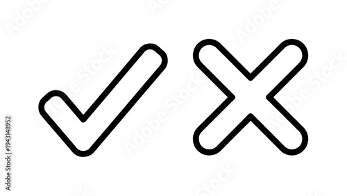 Checkmark and cross mark line icons. approve, decline, correct, and wrong choice symbols