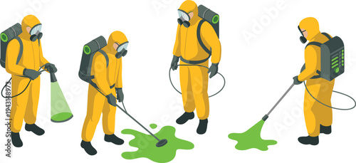 Hazmat workers disinfecting hazardous spill, chemical protection suit technicians, biohazard cleanup team, contamination control sanitation illustration