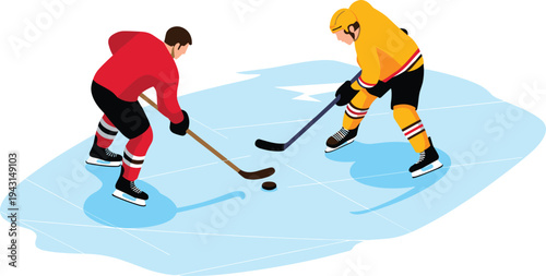 Ice hockey faceoff players on rink, winter sports competition action, hockey puck battle, professional team sport illustration