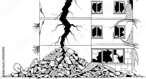 Damaged Building with Large Crack and Debris Pile
