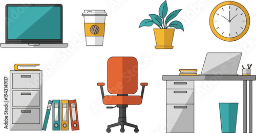 Office supplies laptop, coffee, plant, clock, chair, desk, files, and trash bin