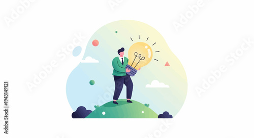 Man with glowing light bulb on a hill, abstract background
