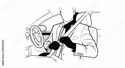 Person in suit fastening seatbelt inside car
