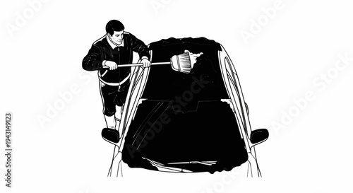 Man sweeps snow off car windshield