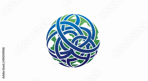 Intertwined blue ribbons form a globe shape over a green, cloudy background