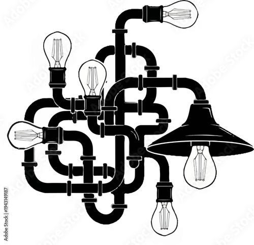 Industrial pipe system with multiple exposed filament light bulbs