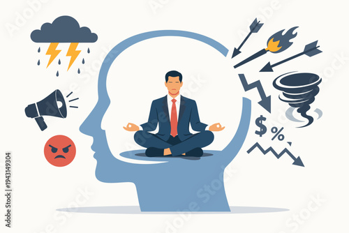 Businessman Meditating Inside Human Head Silhouette to Resist Stress and Negative External Influences, Mental Health Resilience and Mindfulness Concept for Work Pressure Vector Illustration