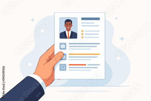 Businessman hand holding a professional CV resume profile of a male employee or worker for recruitment and hiring process. Flat vector illustration of human resources and career application.