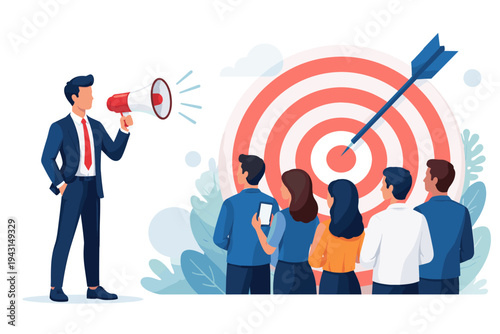 Professional businessman in a suit using a megaphone to communicate a message to a diverse group of people as a targeted audience in front of a large red bullseye target with an arrow hit.