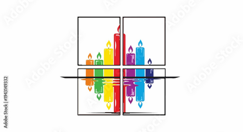 Colorful candles with reflections in a cross-like frame