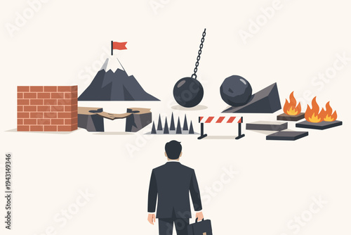 Businessman Standing in Front of Many Obstacles and Challenges on His Way to Success, Vector Illustration of Career Hurdles, Problem Solving, Goal Achievement, and Professional Resilience.