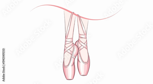 Delicate pink ballet slippers hang suspended by ribbons, gently swaying