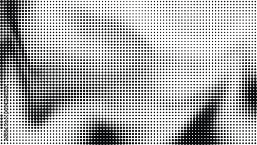 Abstract monochrome halftone pattern with grainy texture and blurred dark shapes retro design